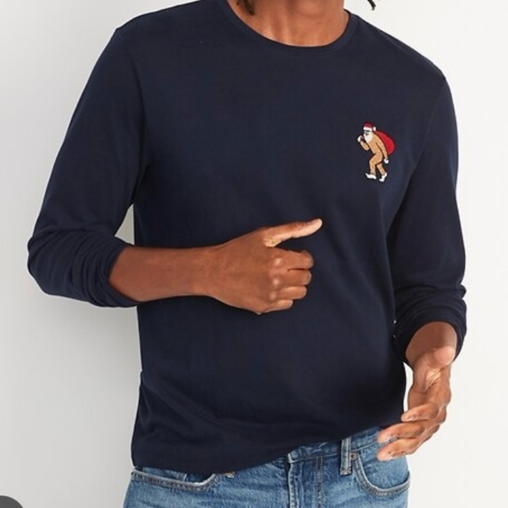 Navy Blue XMAS Long Sleeve T-Shirt with Embroidered Santa Yeti NEW